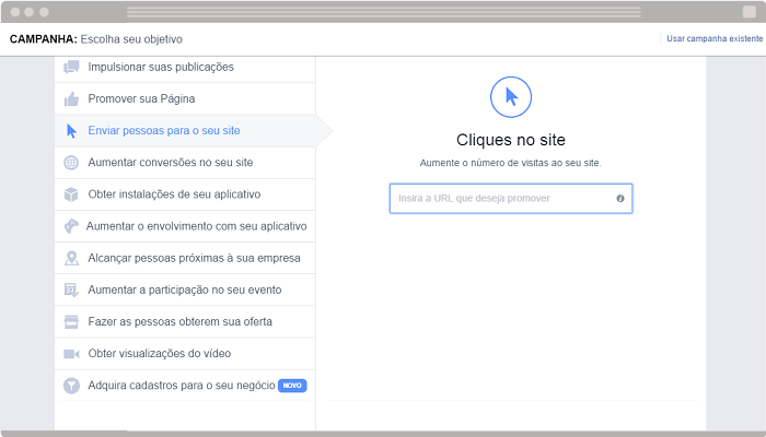 Anúncio Enviar pessoas para o seu site Facebook